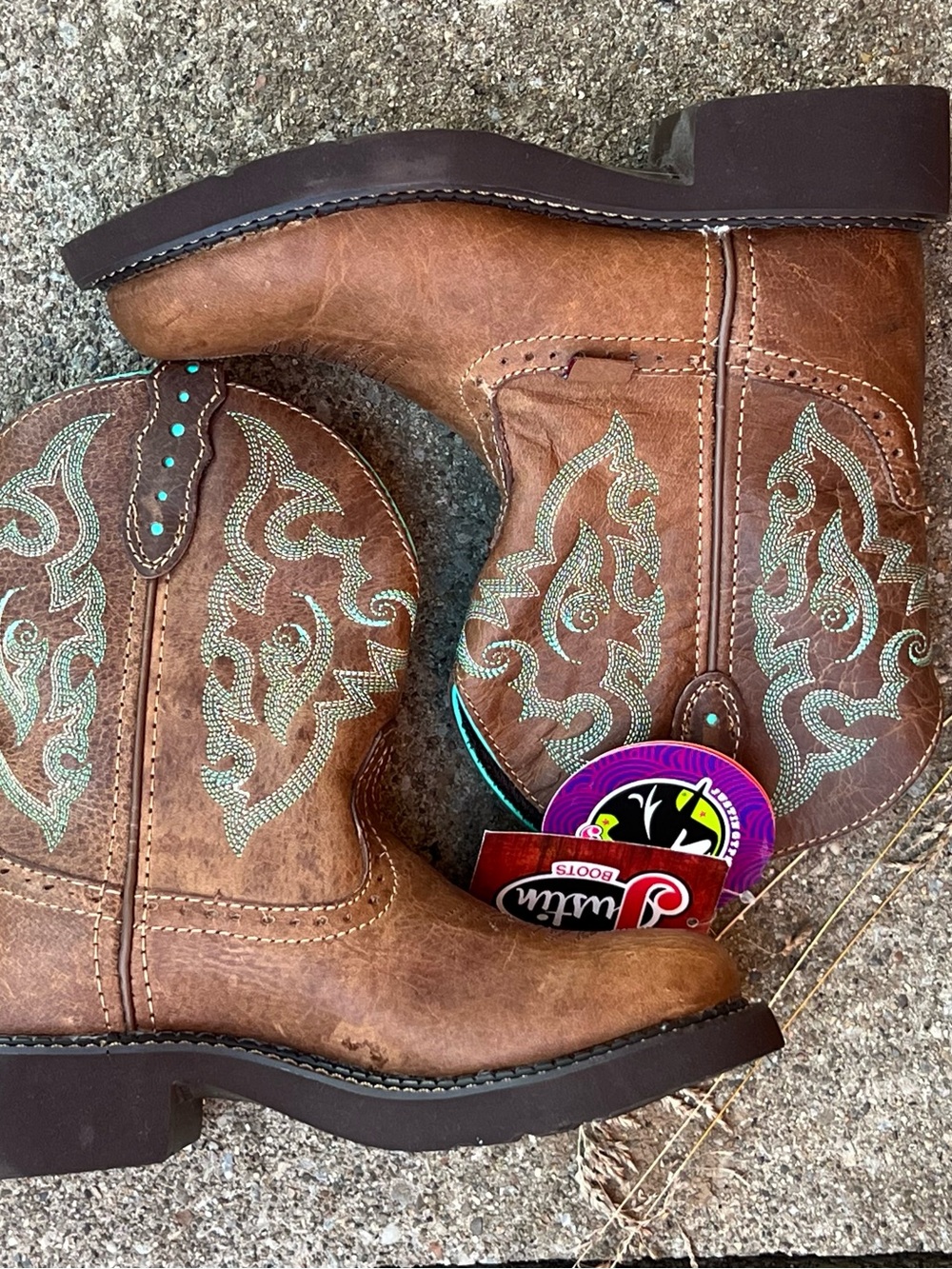 Justin Western Leather Boots Kids Cowgirl Boots with Turquoise Stitching